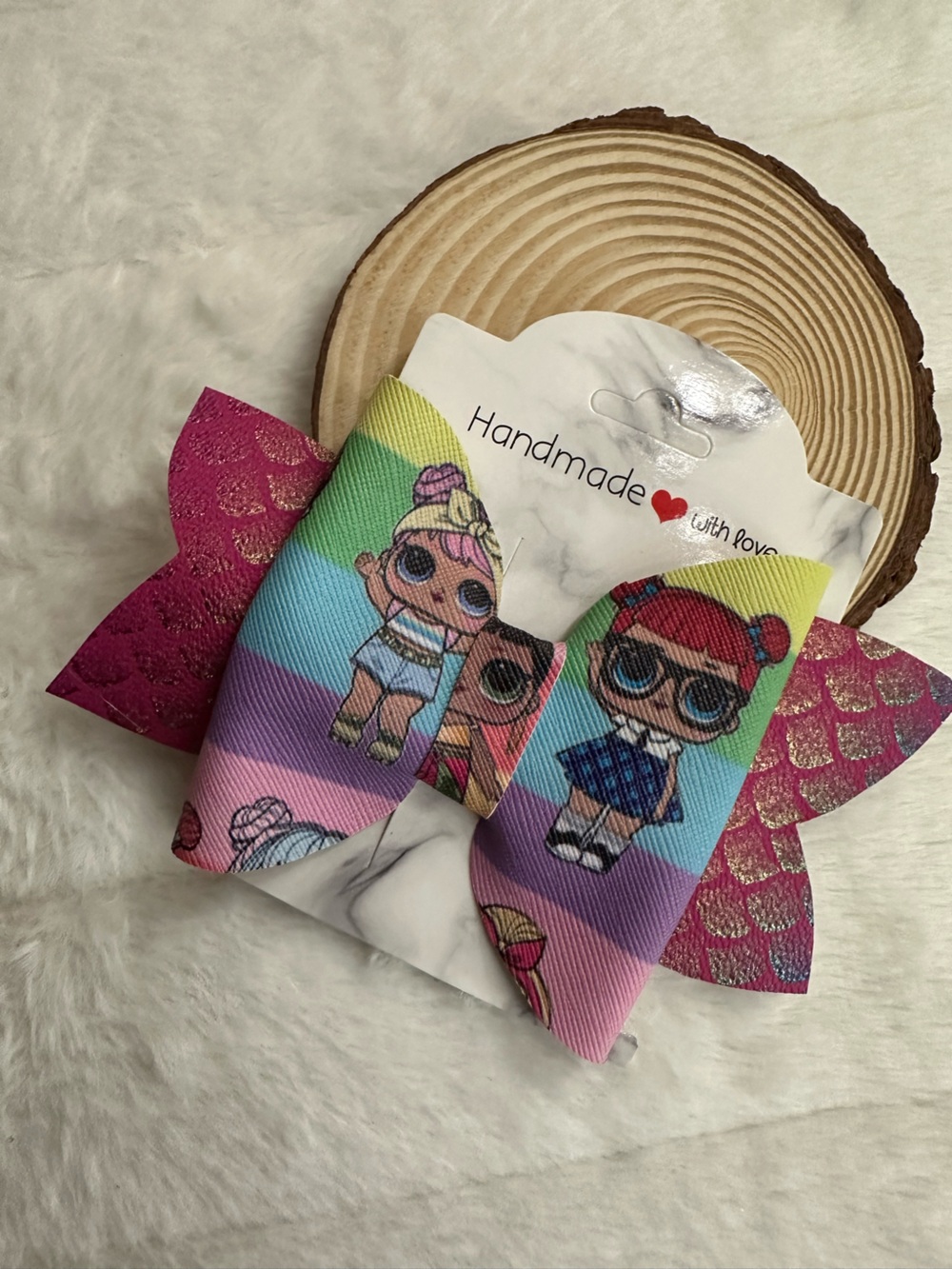 Handmade Rainbow Character Kids Hair Bow - Pink, Purple, Green, Blue
